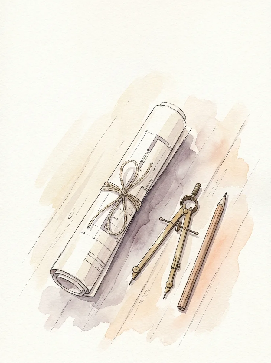 Watercolour illustration of a roll of architectural blueprints tied with twine beside a brass drawing compass and pencil.