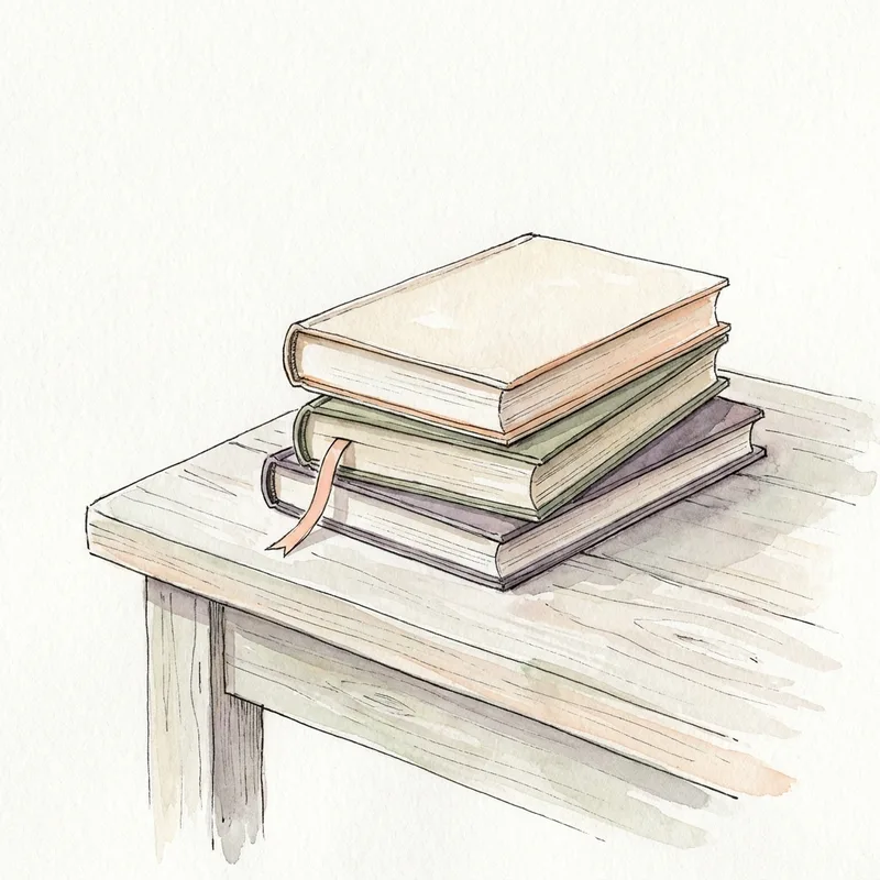 Watercolour illustration of a small stack of hardback books with a ribbon bookmark.
