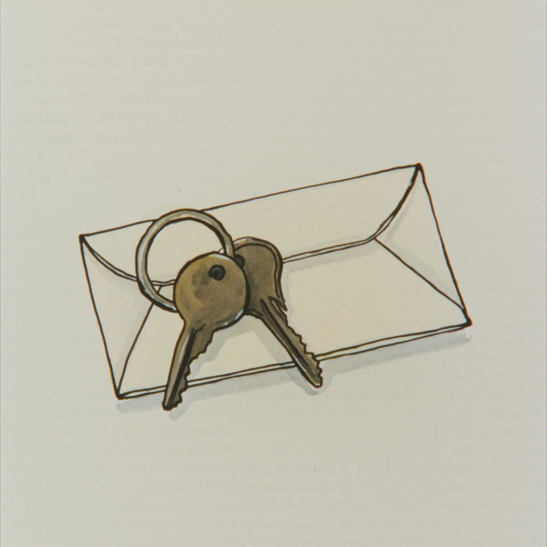 Watercolor illustration of a set of brass keys lying on a folded paper envelope, in warm honey and cream tones