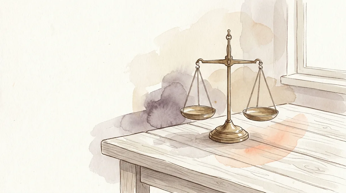 Watercolour illustration of antique brass balance scales resting on a wooden table, gently and evenly balanced.