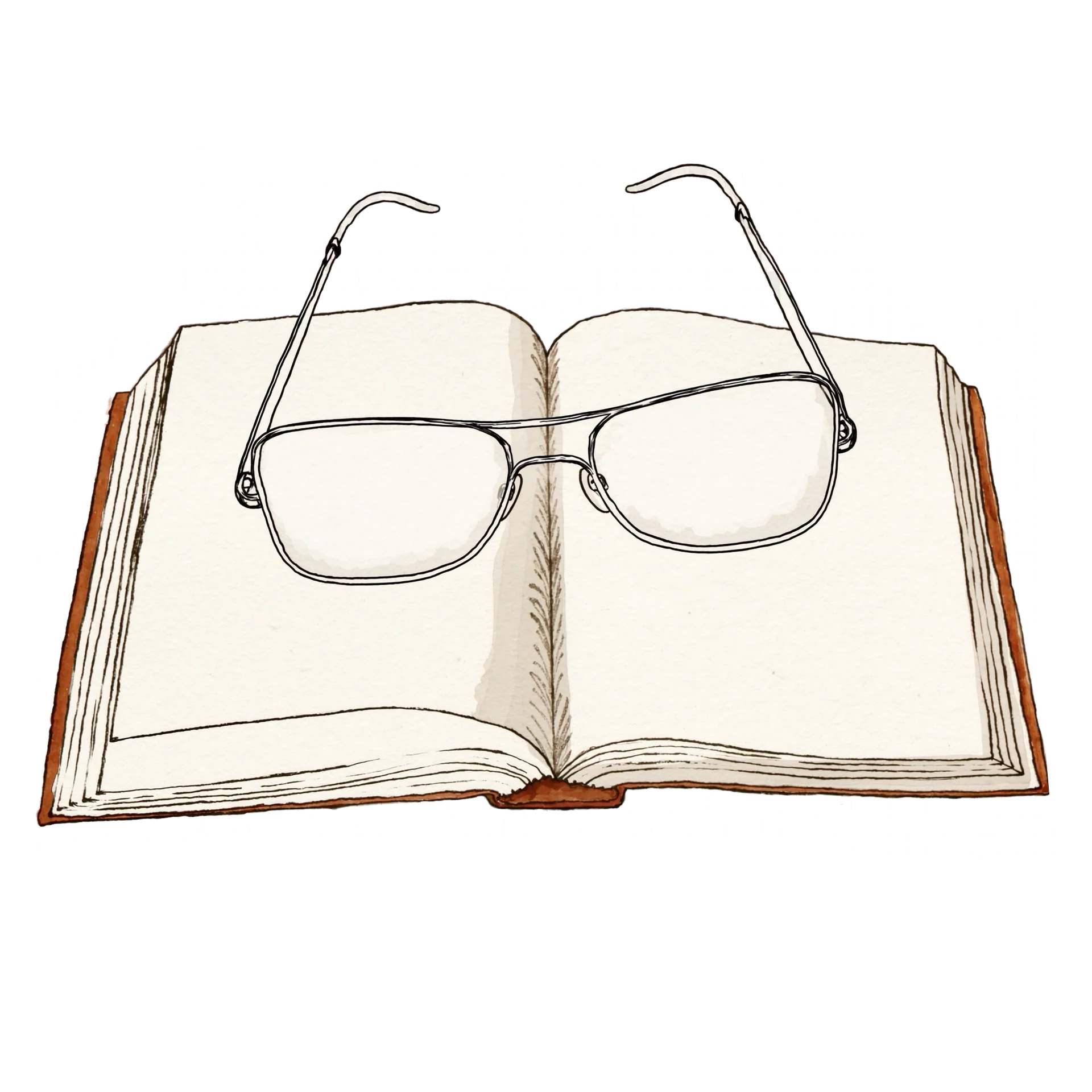 A watercolor illustration of reading glasses resting on an open book