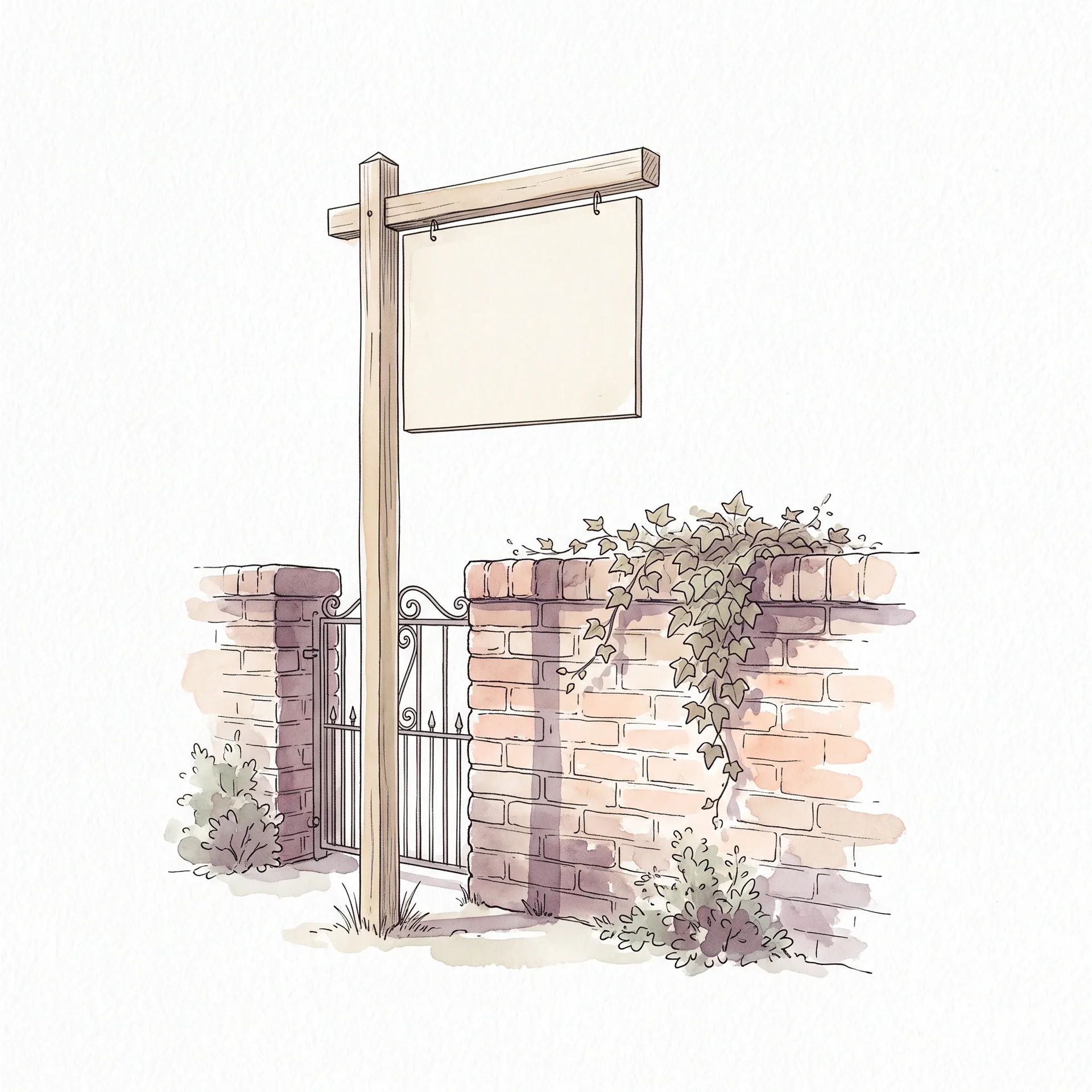 Watercolour illustration of a wooden estate agent's board with a blank sign, beside a brick garden wall with ivy and an iron gate.