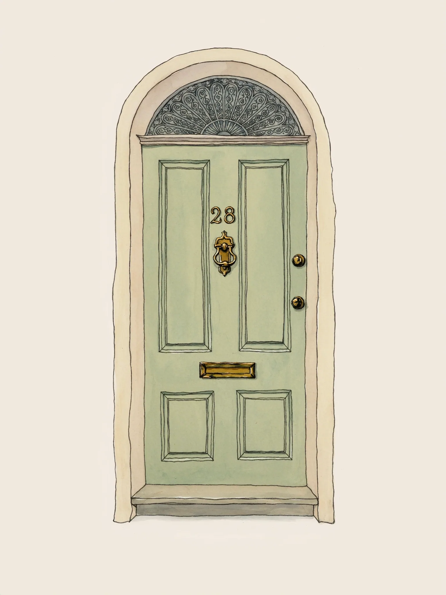 Watercolor illustration of a polished Victorian sage-green front door with brass knocker and fanlight above