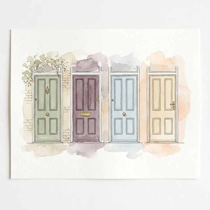 Watercolour illustration of a row of four British front doors, each painted a different muted colour.
