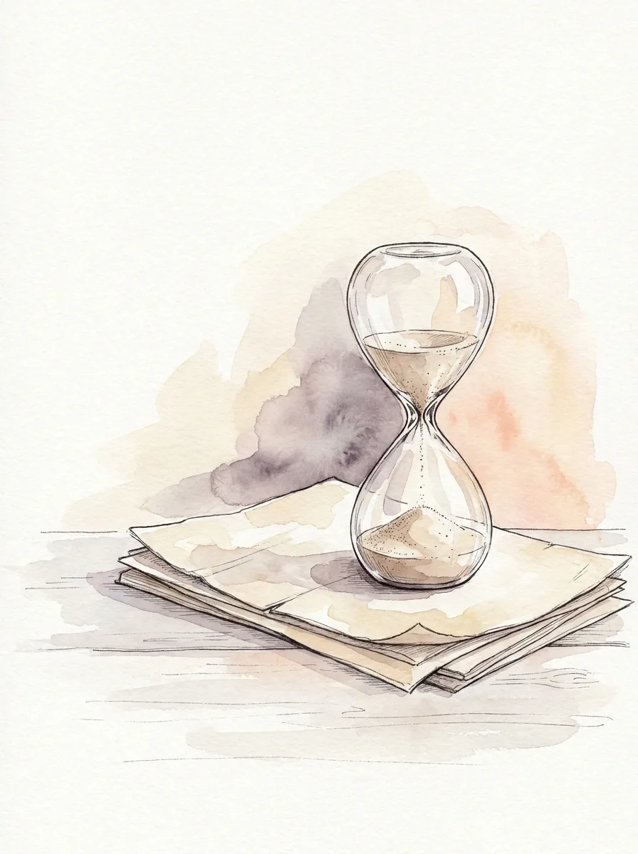 Watercolour illustration of a vintage hourglass with sand running through, resting on folded documents.