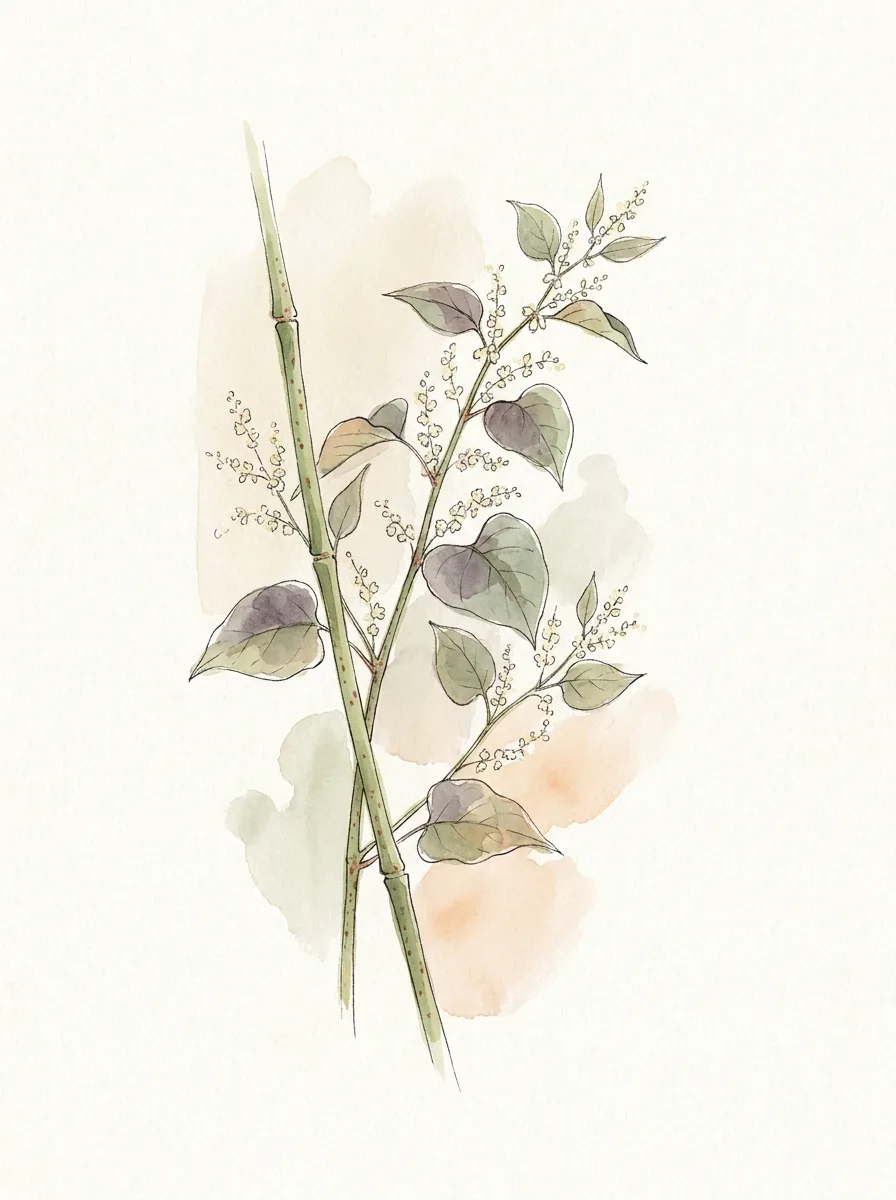 Watercolour botanical study of a sprig of Japanese knotweed, with bamboo-like stems, heart-shaped leaves and small cream flowers.