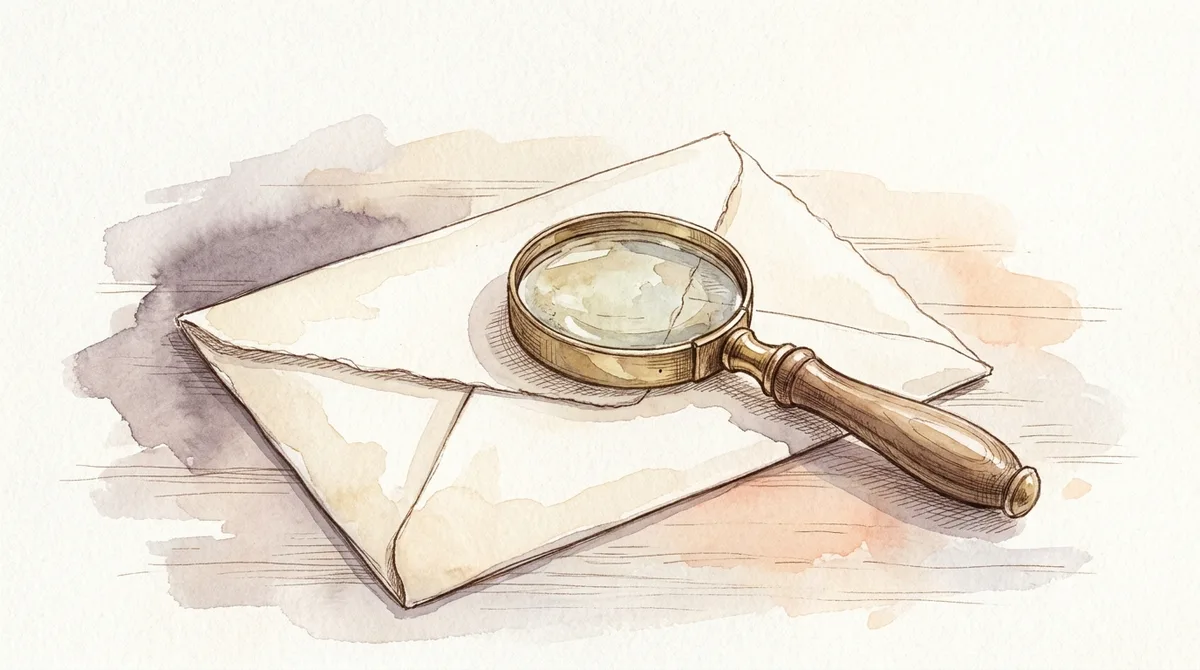 Watercolour illustration of a brass magnifying glass resting on a cream envelope on a wooden surface.