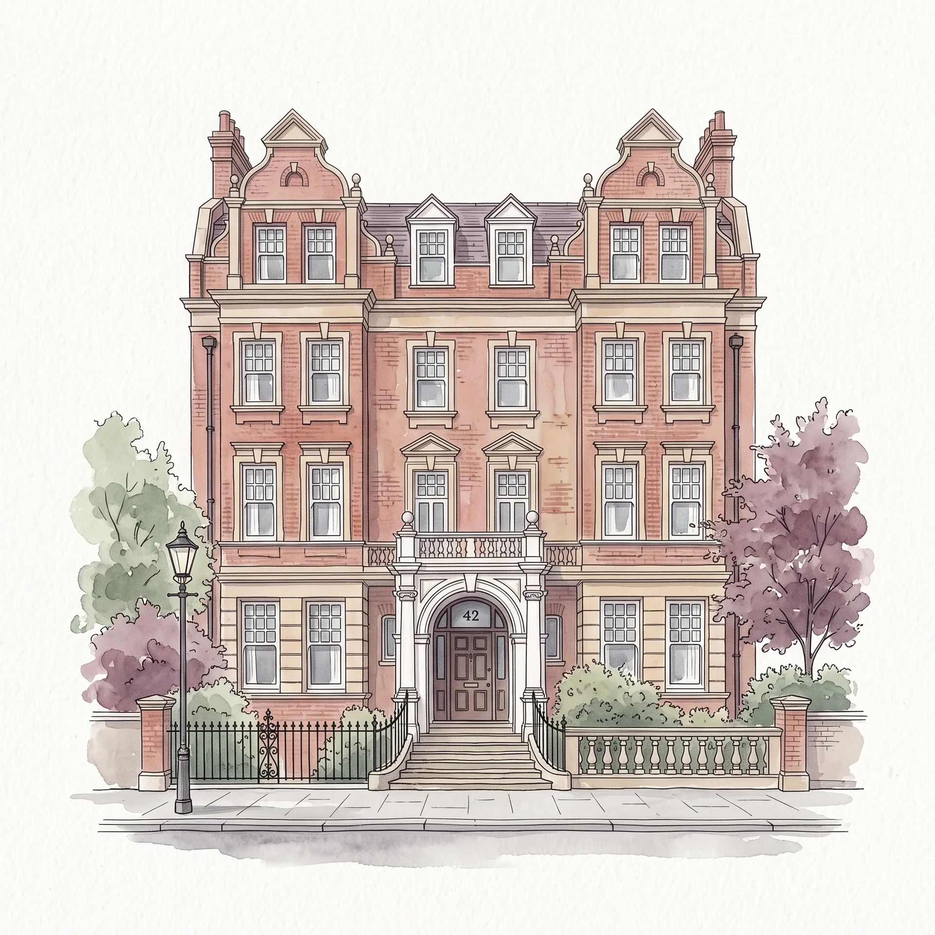 Watercolour illustration of a red-brick Edwardian London mansion block with white sash windows and an arched entrance.