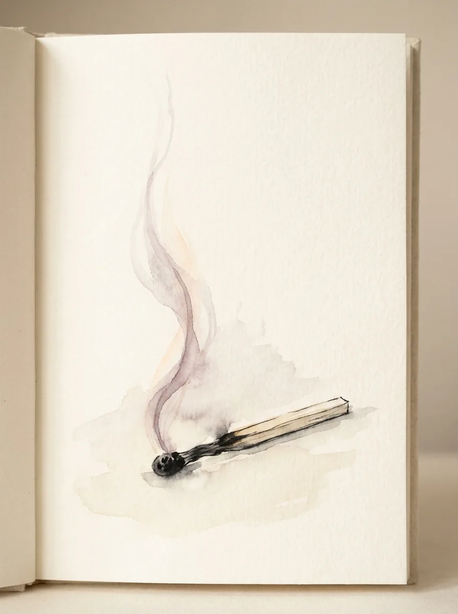 Quiet watercolour illustration of a single spent matchstick with a soft wisp of smoke rising, on a pale surface.