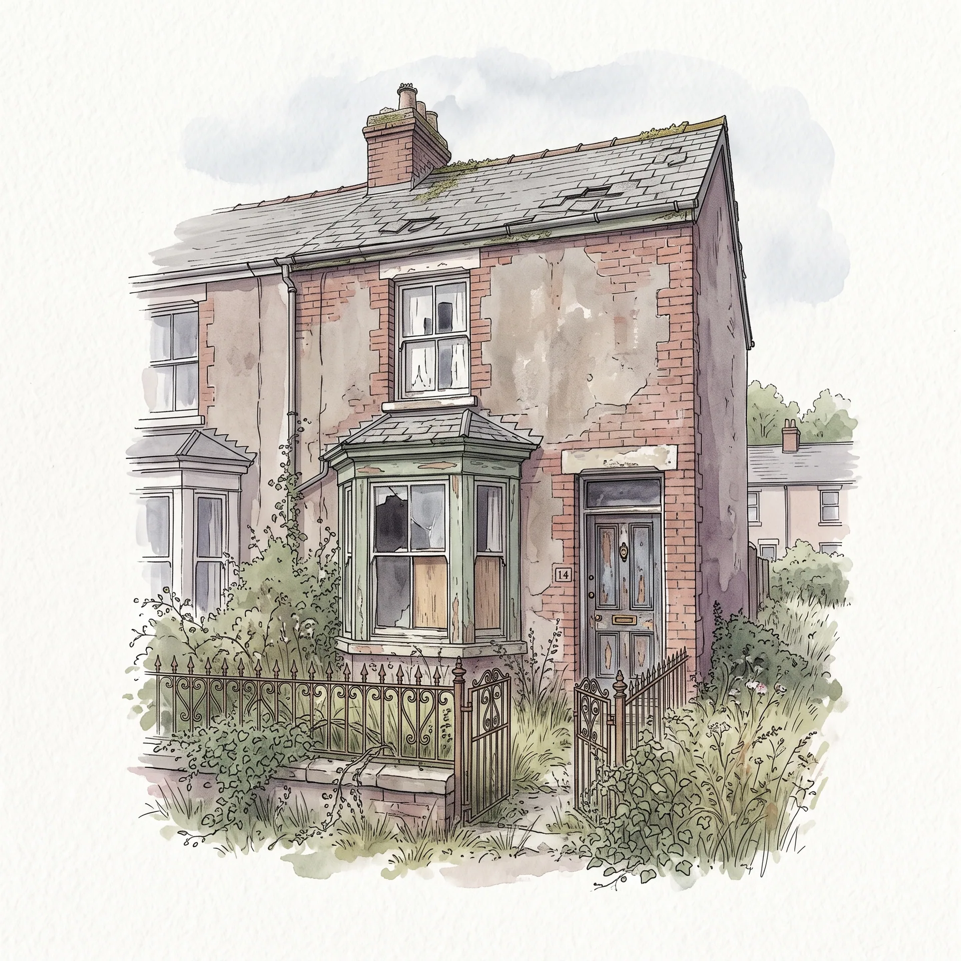 Watercolour illustration of a weathered Victorian terraced house with a boarded bay window, peeling paint, and an overgrown front garden behind iron railings.