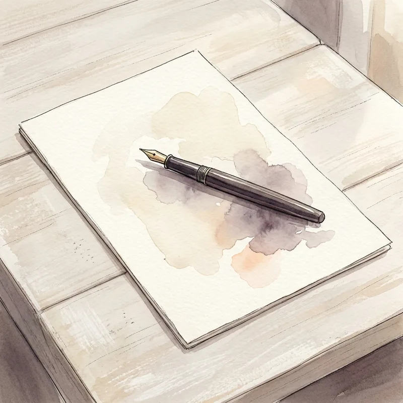 Watercolour illustration of a fountain pen resting on a single sheet of writing paper.