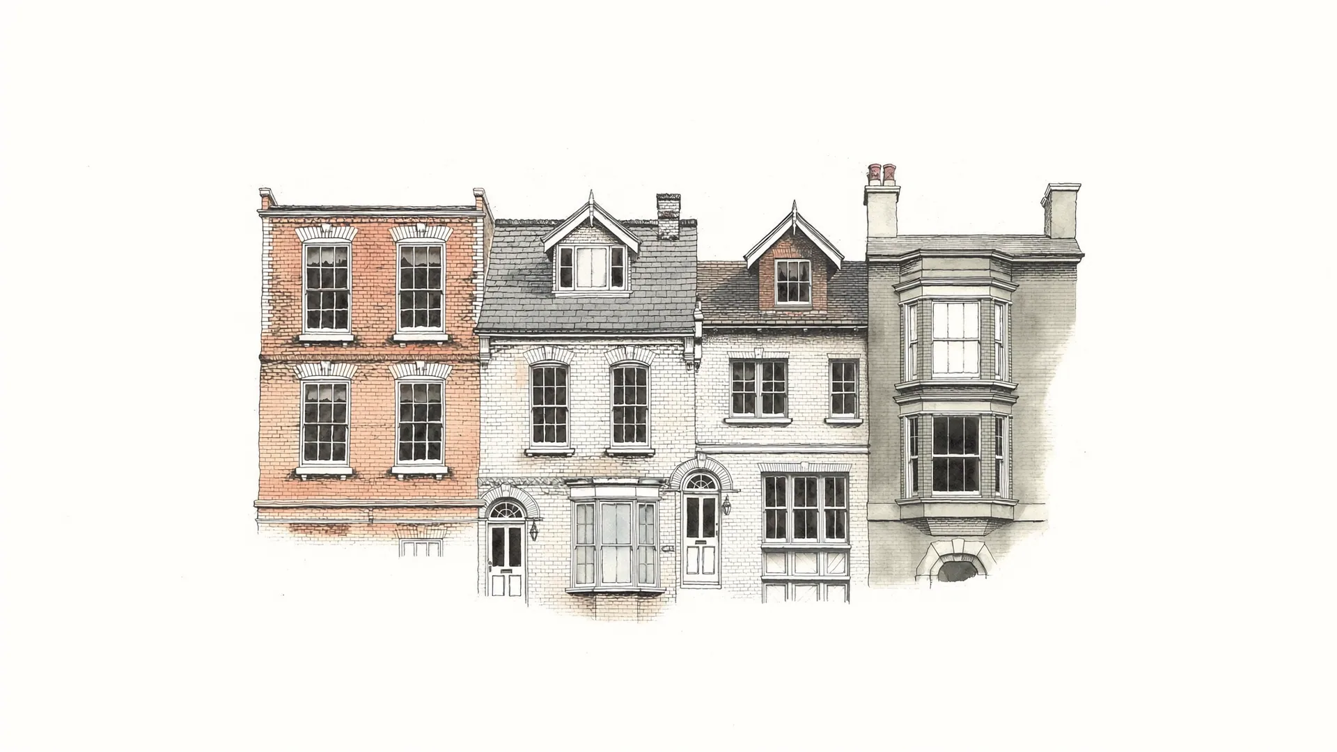 Watercolor illustration of a row of four connected London Victorian terrace houses with subtle door colour variations