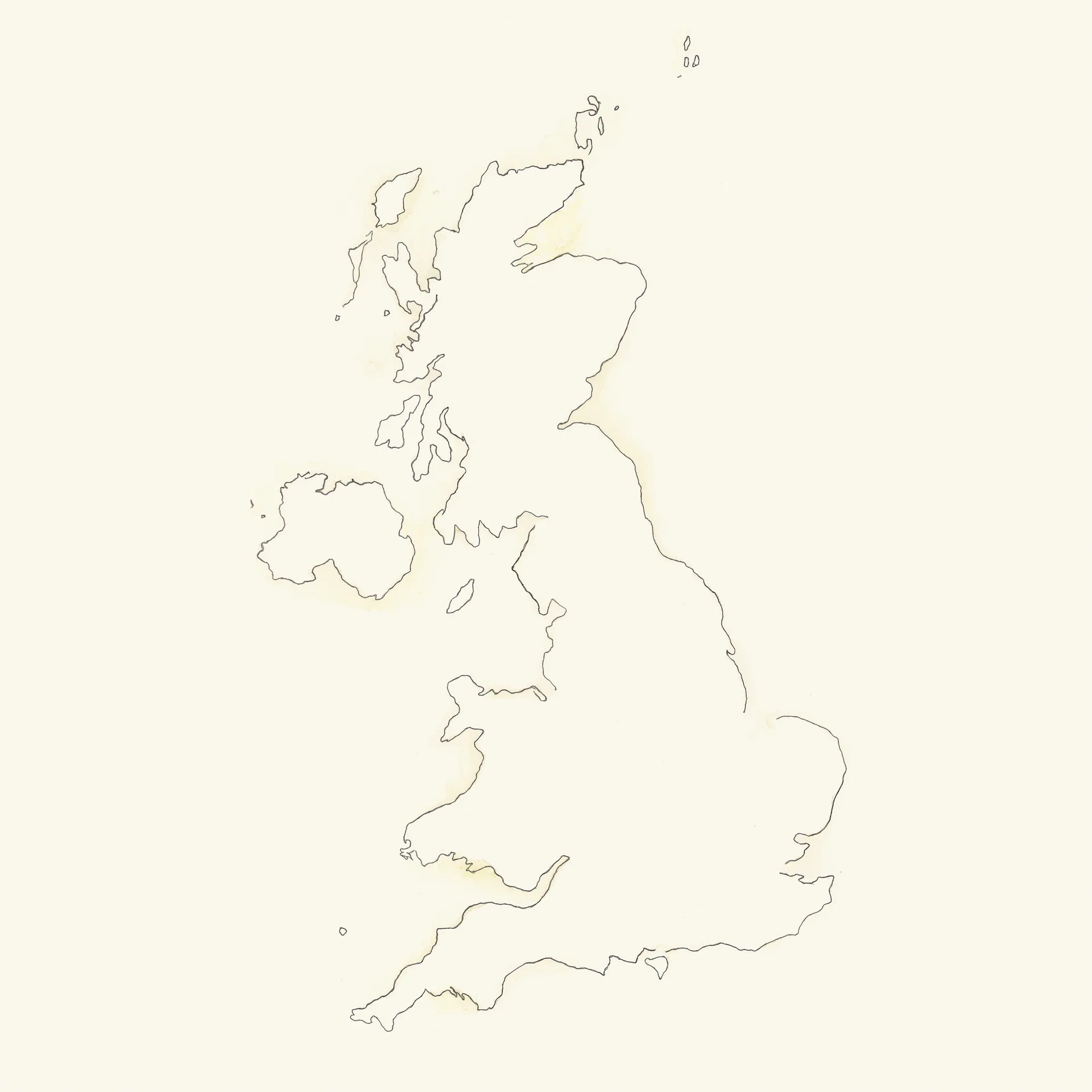 A hand-drawn watercolor illustration of the outline of the United Kingdom in soft cream and peach tones