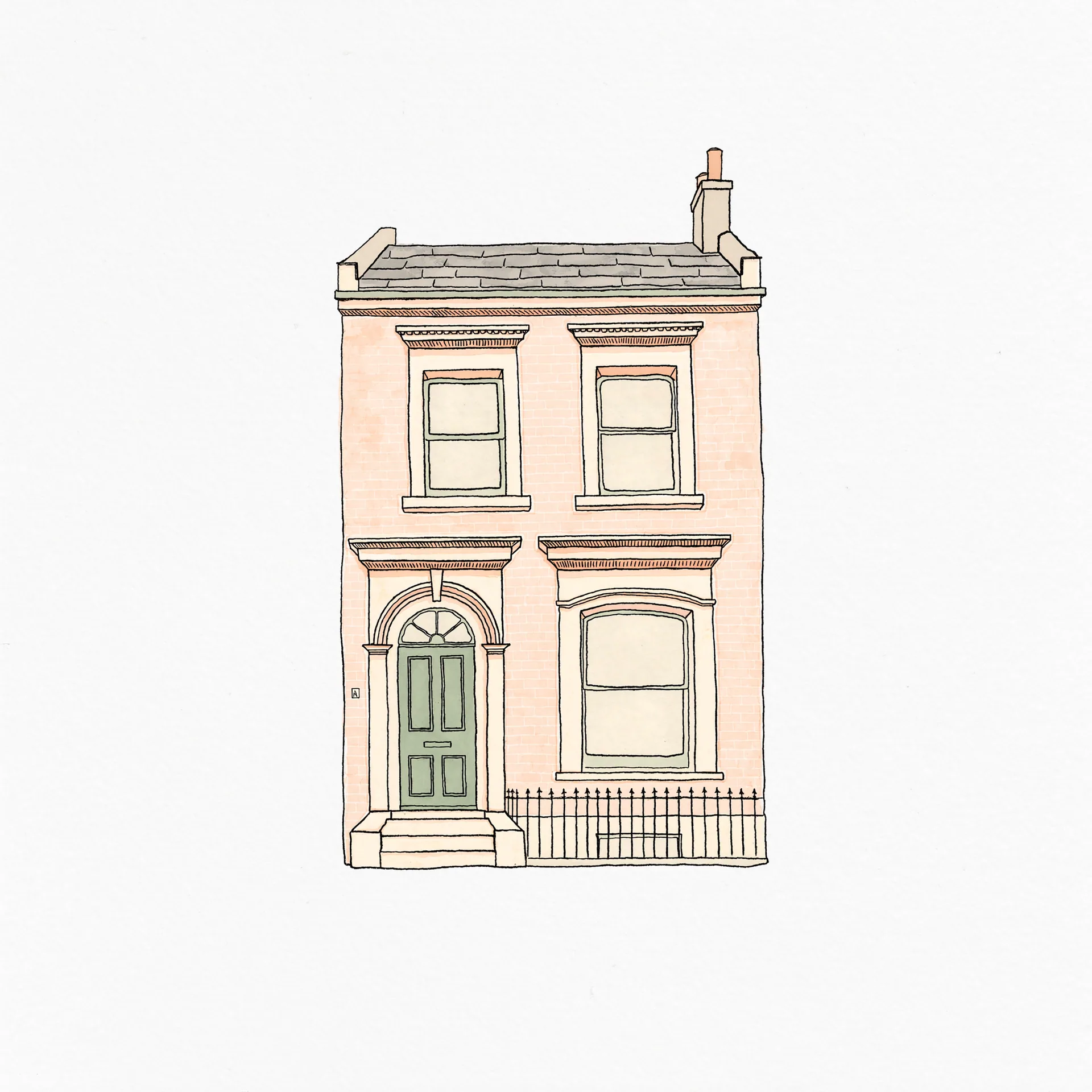 Watercolor illustration of a single Victorian terrace house with sage-green door, peach brickwork, and a single chimney