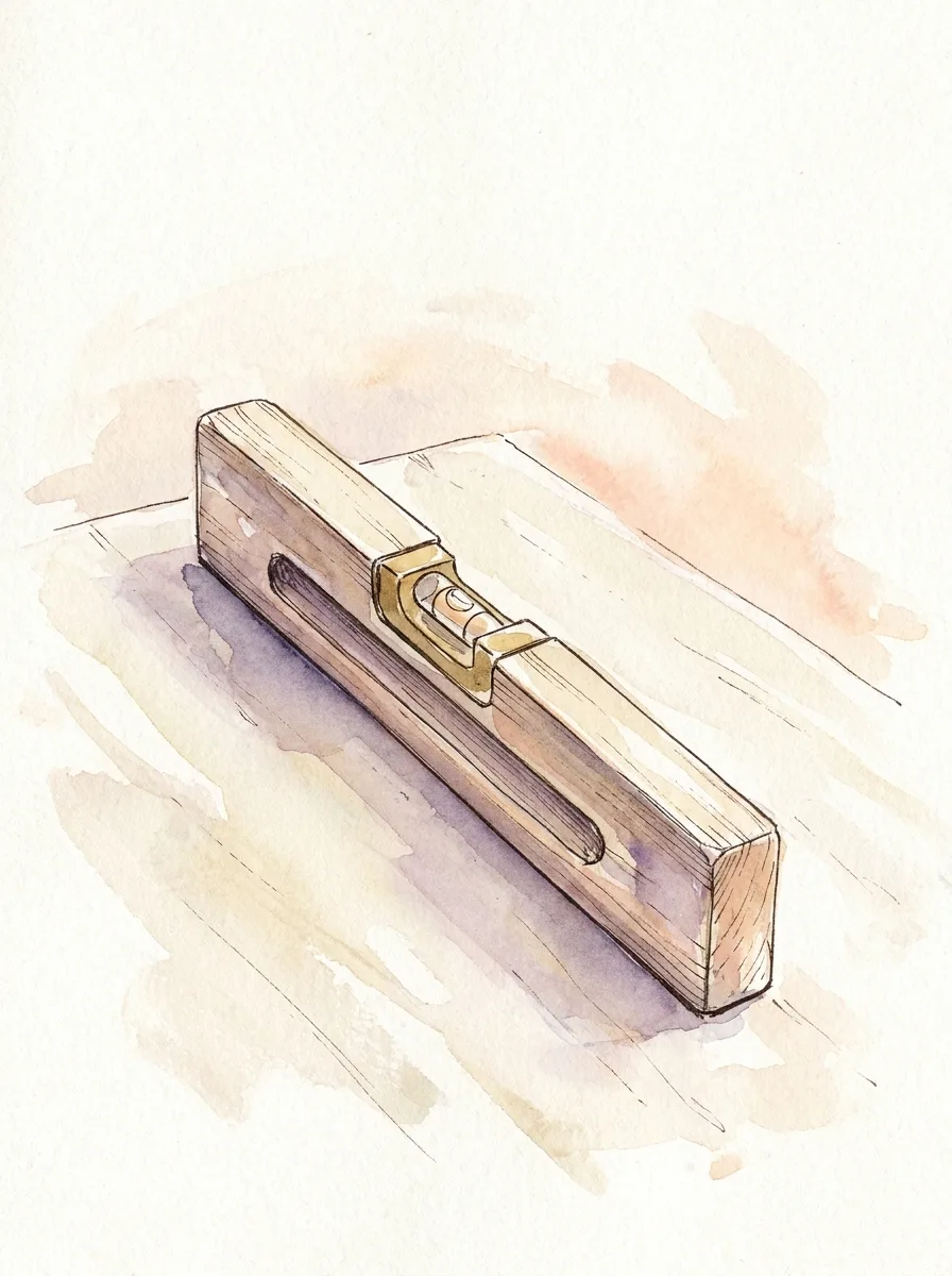 Watercolour illustration of a wooden and brass carpenter's spirit level, the bubble sitting slightly off centre.