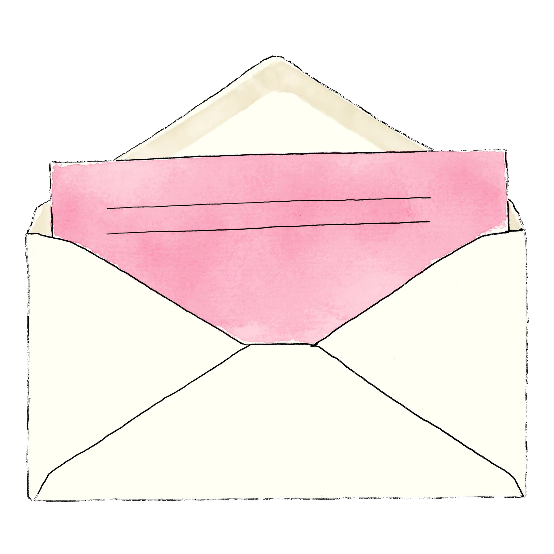 Watercolor illustration of an opened cream envelope with the corner of a folded letter peeking out, resting on a wooden surface