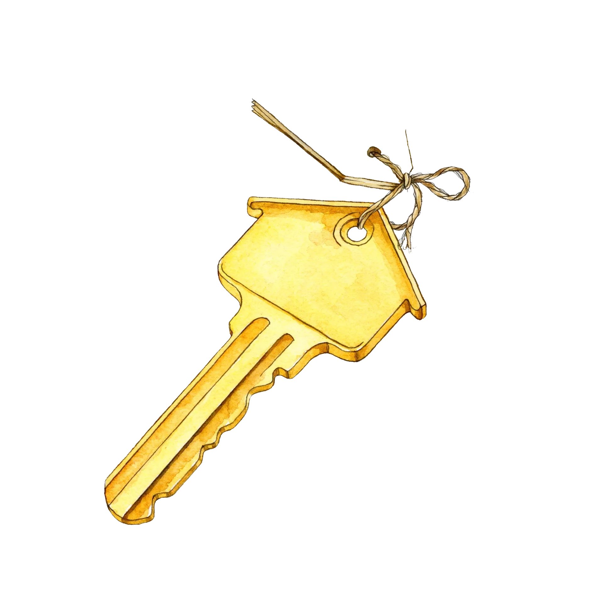 Watercolor illustration of a brass house key with a small paper tag tied to it with natural twine