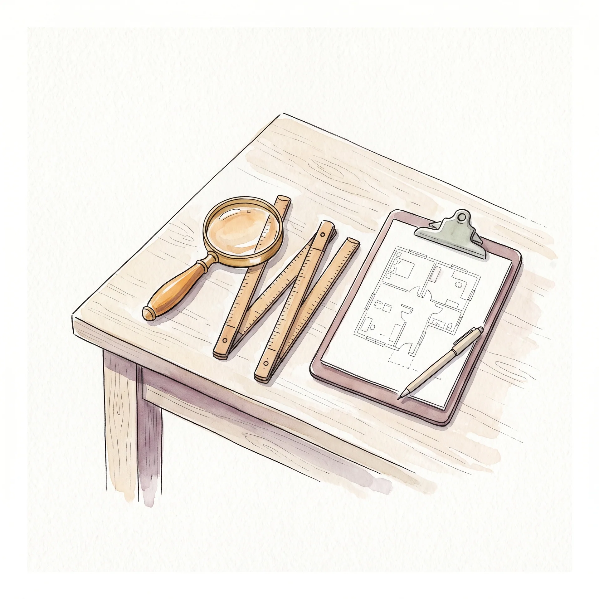 Watercolour illustration of a brass magnifying glass, a folding wooden ruler and a clipboard holding a sketched floor plan on a desk.