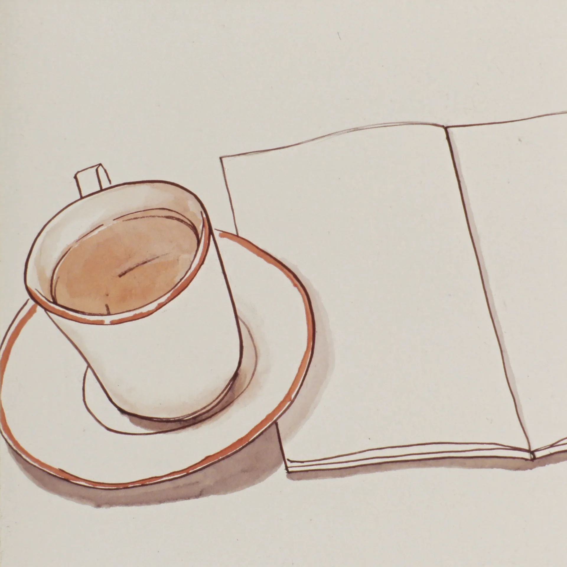 A watercolor illustration of a vintage ceramic tea cup beside a folded sheet of paper