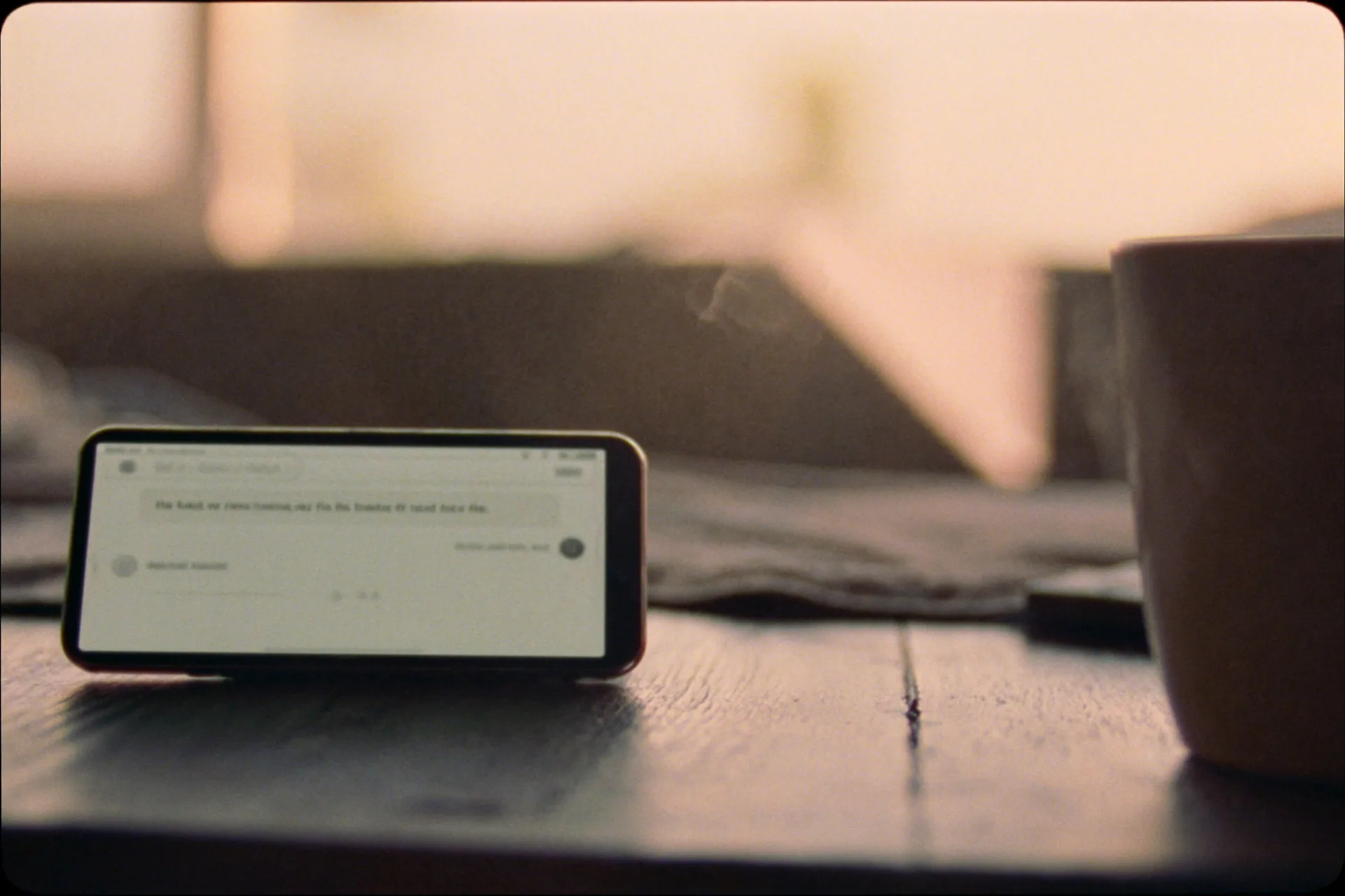 A smartphone on a wooden table showing a messaging app, soft morning light, suggesting easy near-UK-time communication